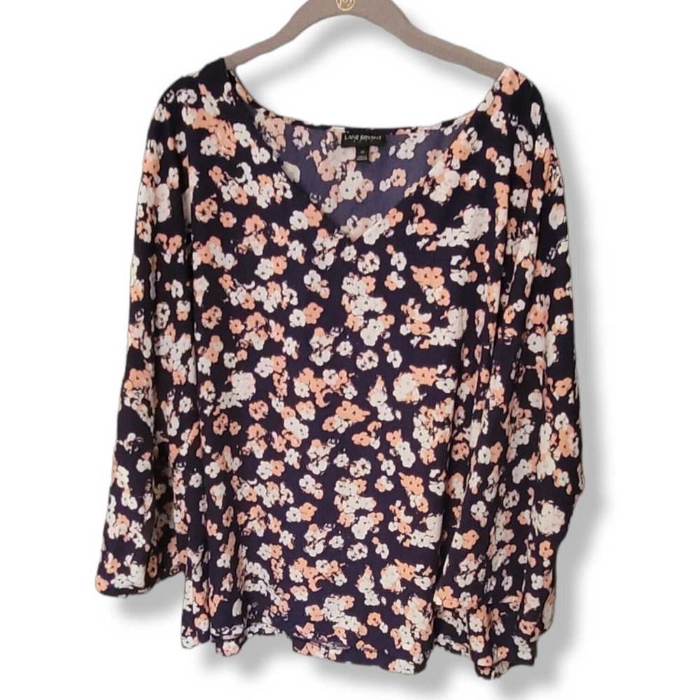 Lane Bryant Long Puff Sleeve Blue Pink Flowy Floral Blouse Cottagecore 22 3X